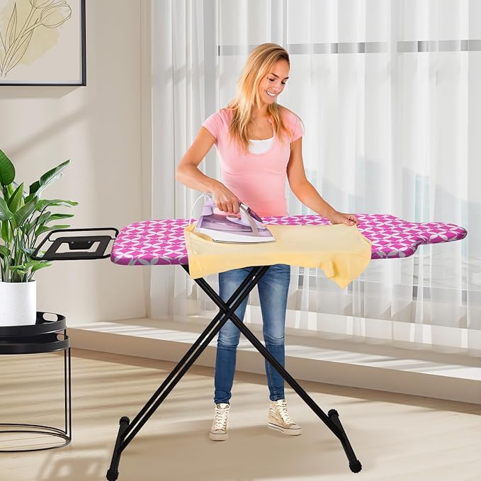 Extra Large Ironing Board with Hang Rail and Iron Rest 63" L x 20" W (Large with Iron Rest (Pink Cover))