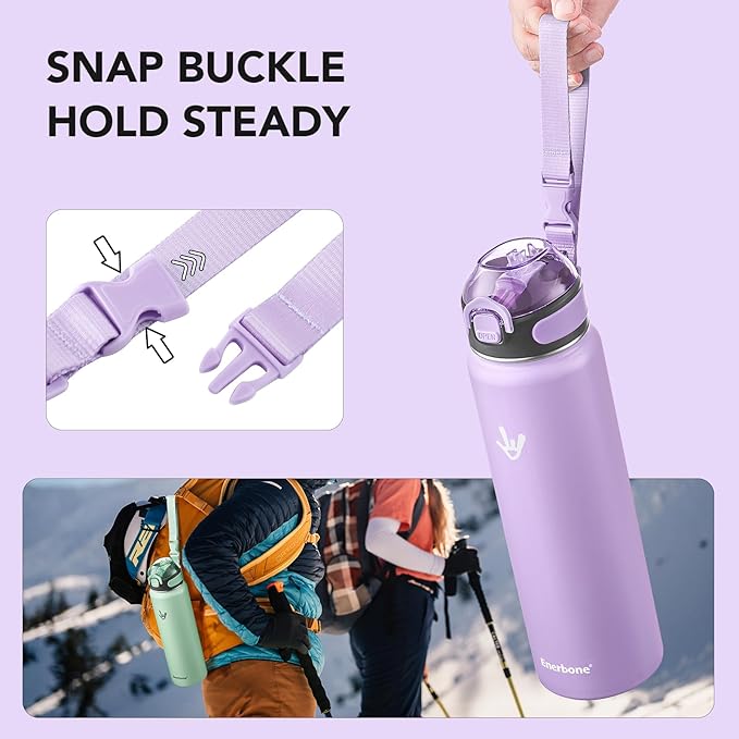 Enerbone 32 oz Insulated Water Bottle, Stainless Steel Bottle with Carrying Strap, Double-Wall Vacuum Insulation Design, Leakproof Sports Bottle with Straw, Keep Drinks Cold or Hot for Hours