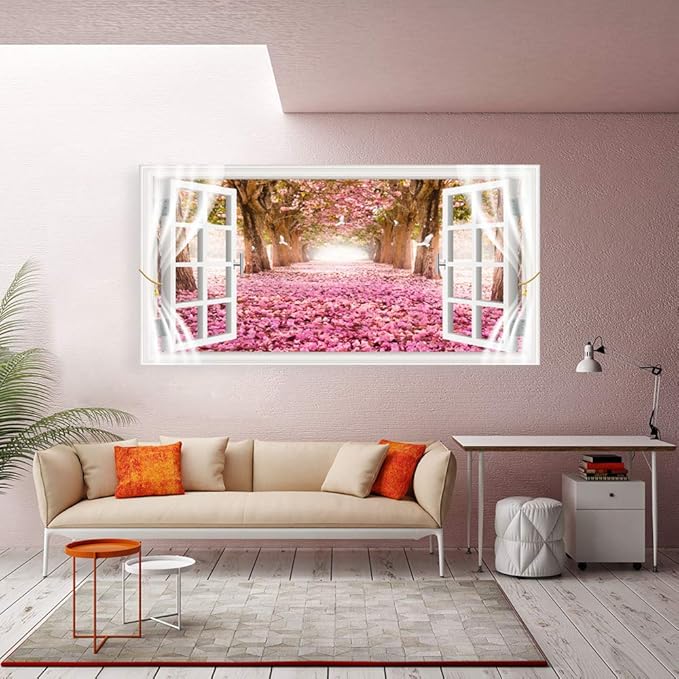 AH40162 Wall Art CanvasTrees and Pink Rose Paintings Printed Pictures Stretched and Framed Canvas Paintings Ready to Hang for Home Decorations Office Wall Decor Artwork