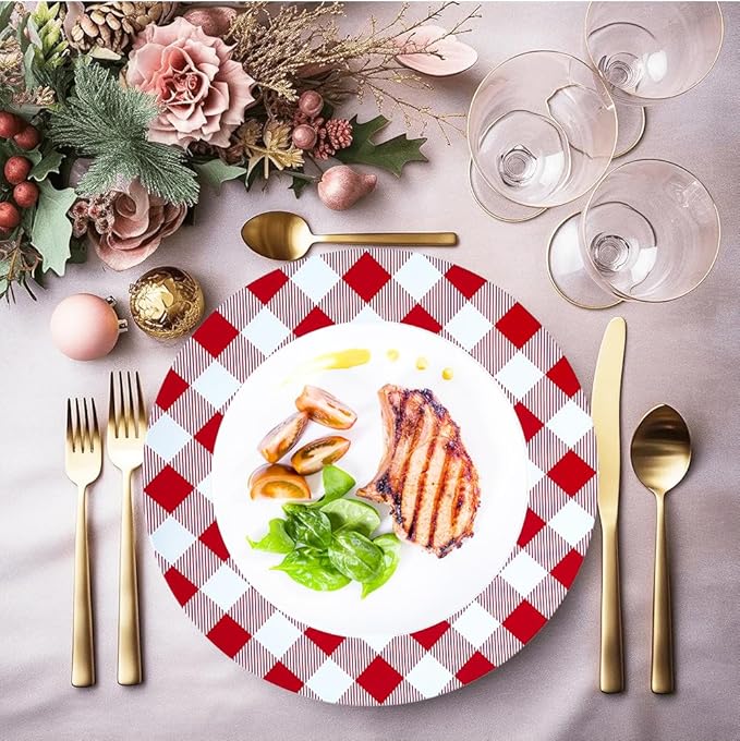 Henilosson Round 13 inch Charger plate - red and white Checkered Design Plate Charger - Christmas and New Year Placemat (6, red+white)