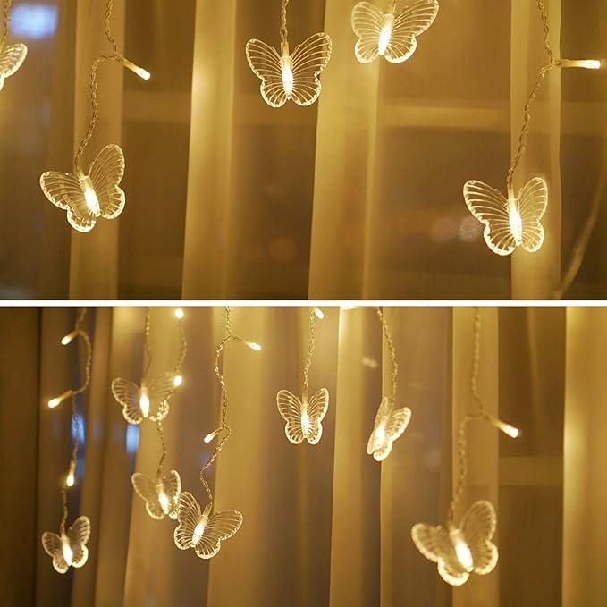 Butterfly Curtain Fairy Lights USB Plug in, 8 Modes 96 LED 11.5FT Firefly Window Twinkle Timer String Lights with Remote for Bedroom Patio Christmas Wedding Party Decoration (Warm White)