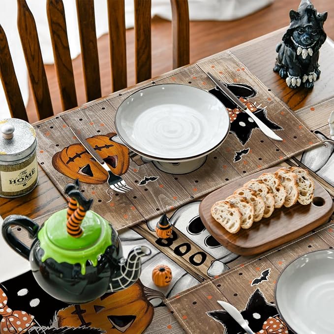 Artoid Mode Wood Polka Dot Ghost Cat Boo Halloween Placemats Set of 4, 12x18 Inch Seasonal Table Mats for Party Kitchen Dining Decoration