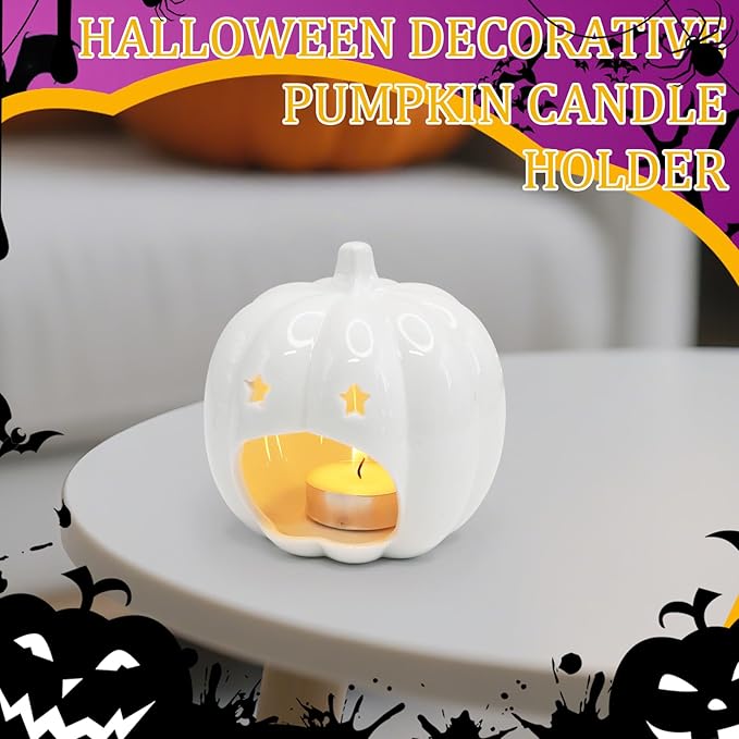 Ceramic White Pumpkin Candle Holder, Halloween Decor Candlestick Holder with Star Hole for Halloween Party, On a Desk at Work, Home Decoration, Daughter Girlfriend Mother Gift