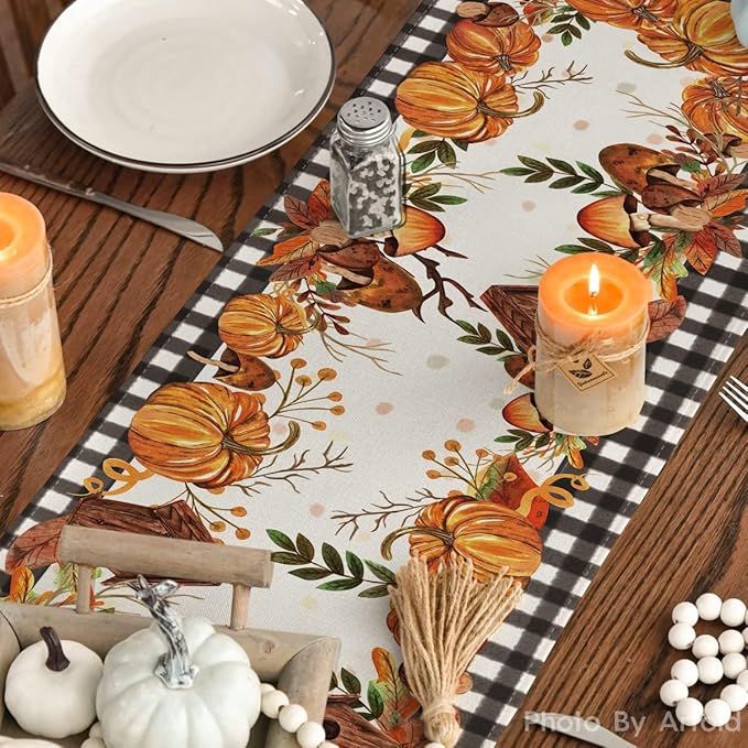 Artoid Mode Buffalo Plaid Pumpkins Mushrooms Birdhouse Leaves Table Runner, Seasonal Fall Harvest Vintage Kitchen Dining Table Decoration for Indoor Outdoor Home Party Decor 13 x 90 Inch.