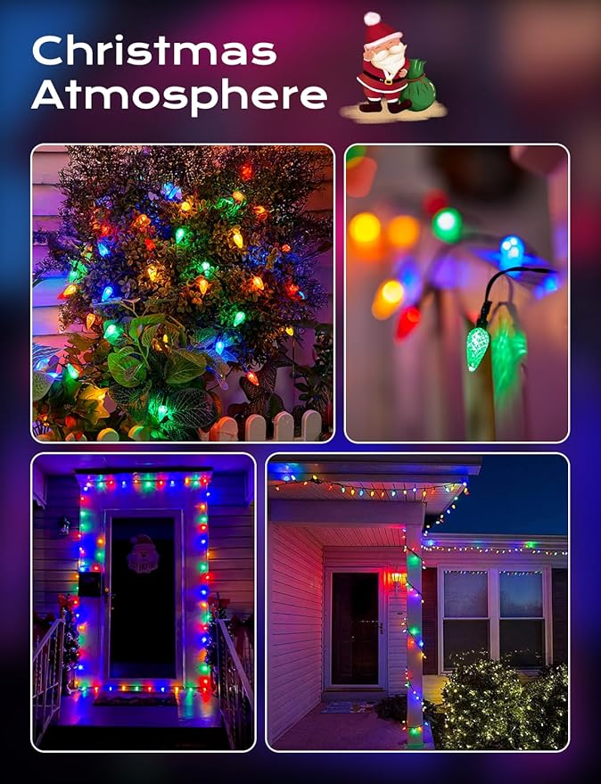 Brightown LED C6 Solar String Lights Outdoor Waterproof Fairy Lights, 22.64ft 50 LEDs Multicolor Solar Christmas Lights Outdoor, Christmas Decorations for Christmas Garden Yard Fence Patio Party Decor