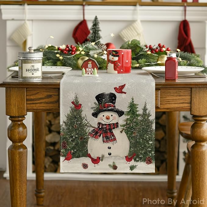 Artoid Mode Snowman Birds Trees Christmas Table Runner, Seasonal Silver Winter Holiday Kitchen Dining Table Decoration for Home Party Decor 13 x 90 Inch