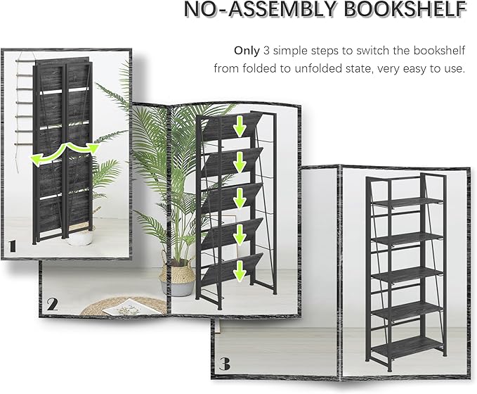 4NM No Assembly Foldable Bookshelf, 5-Shelf Collapsible Bookcase Storage for Small Spaces, 62.2" H, Gray and Black