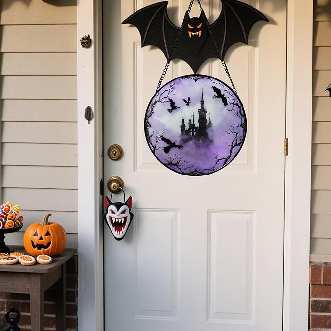 Stained Glass Window Hanging - Halloween Gothic Castle Purple Smoke Suncatcher for Doors Garden Home Spooky Crow Sun Catchers Gothic Decor Horror Gift for Women Men Friend Boy Girl 6.3 in