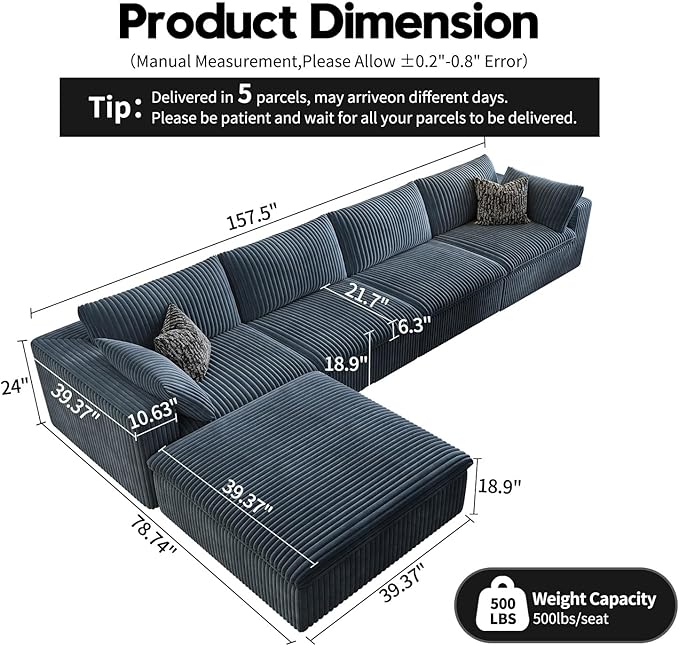 157.5" Cloud Couch Modular Sectional Sofa for Living Room,Modern Sofa with Deep Seat,L-Shape Boneless Couch with Ottoman,Comfy Upholstered Corduroy Couches for Apartment, Studio, Office,Bedroom,Blue