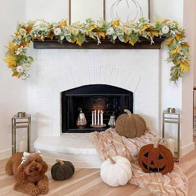 Fall Mantel Garland Decor for Home - 6 Ft Autumn Leaves Table Garlands with Lights Decorations for Thanksgiving and Halloween Leaf Centerpieces for Bedroom Tables Stair Porch Outdoor Farmhouse