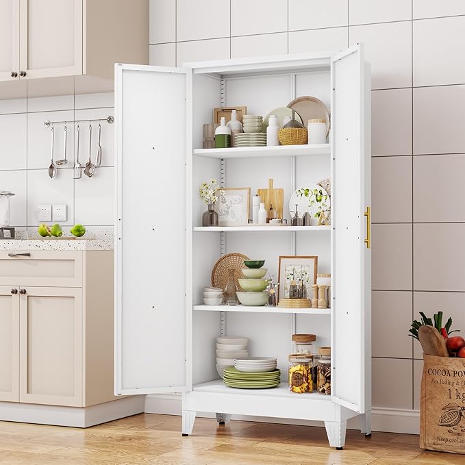 61" H Metal Kitchen Pantry Storage Cabinet, Freestanding Cupboard with 2 Doors and 3 Adjustable Shelves, Standing Storage for Kitchen, Bathroom, Garage, Dinning Room or Utility Room(White)