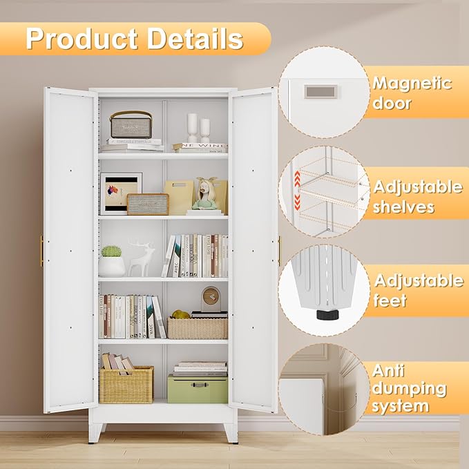 71" H Metal Kitchen Pantry Storage Cabinet, Freestanding Cupboard with 2 Doors and 4 Adjustable Shelves, Standing Storage for Kitchen, Bathroom, Garage, Dinning Room or Utility Room(White)