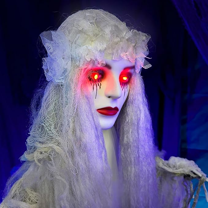 Haunted Hill Farm Life-Size Scary Ghost Bride, Halloween Animatronic with Touch Activated Lights and Sound, Battery Operated Indoor or Covered Outdoor Halloween Decorations, Creepy Halloween Prop