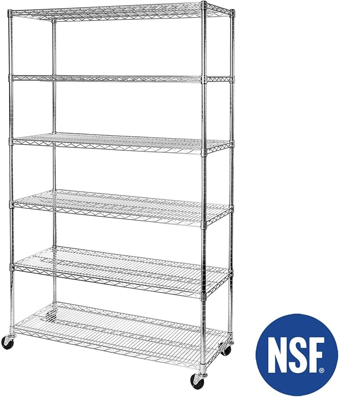 Seville Classics UltraDurable Heavy Duty NSF Solid Steel Wire Rack Storage Unit Wheels, 6-Tier Shelving, 48" W x 18" D