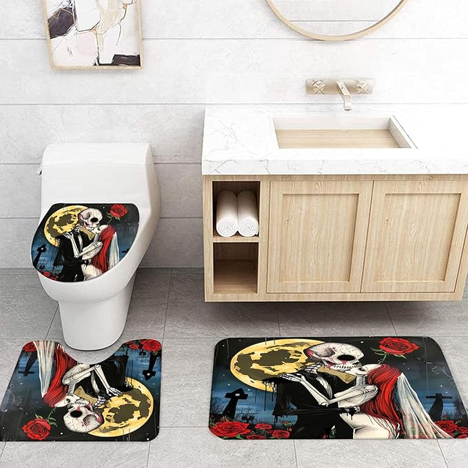 NEWSUYAA Halloween Decorations Shower Curtain Set with Non-Slip Rugs and Bath Mats,Black Skull Skeleton Bathtub Curtains with 12 Hooks,All Saints'Day (Nov 1st) Bathroom Decor