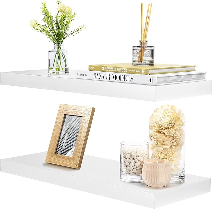 Sorbus Floating Shelves for Wall - 24" Bathroom Shelves, Wall Decor for Bedroom, Kitchen, Living Room, Home Decor & Book Storage - Mounted Floating Shelf with Invisible Brackets (White, 2 Pack)