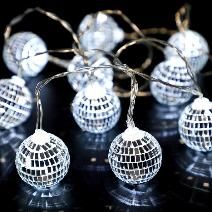 Zhanmai 30 LED Disco Ball String Lights Decor Lighted Mini Mirror Disco Balls Ornaments for 70s 80s Party Supplies Club(1.57 Inch Ball,Silver)