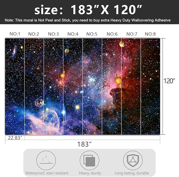 '-Galaxy Universe Planet Ceiling Fabric Wallpaper Boys Girls Nursery Starry Sky Children Bedroom Bathroom Large Mural- 183"x120"( not Peel and Stick)