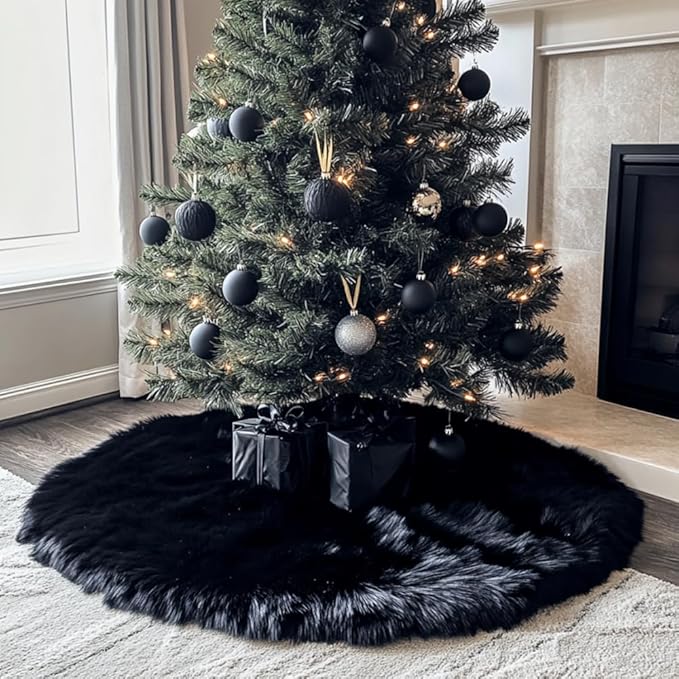 AISENO 60 Inch Christmas Tree Skirt - Black Faux Fur Plush Holiday Decor for Xmas Tree, Festive Party, Home Decorations