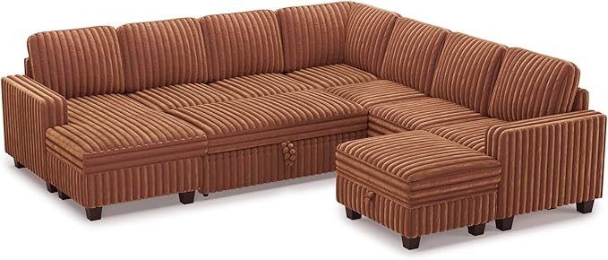 Belffin Oversized Sofa Bed Modular Sectional Sleeper Sofa with Pull Out Bed L Shaped Couch with Storage Chaise Brick Red Couch