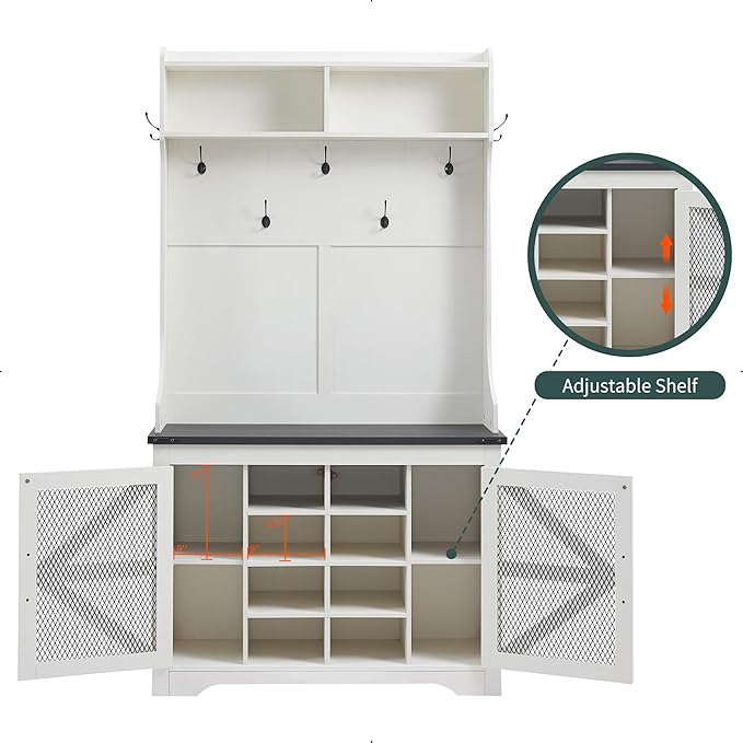 JXQTLINGMU 42" Farmhouse Hall Tree with Shoe Storage, Entryway Bench with 12 Cubbies, 7 Hooks & Barn Doors, Mudroom Coat Rack Cabinet, Off White