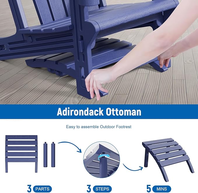 Adirondack Ottoman, HDPE Plastic Adirondack Footstool, All Weather Foot Rest for Adirondack Chair, Outdoor Footrest for Patio,Backyard, Lawn, Fire Pits, Navy Blue
