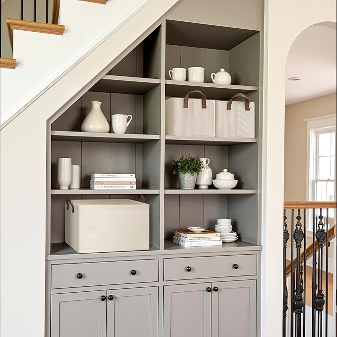 StorageWorks Storage Bins, Shelves Baskets for Organizing, Large Fabric Closet Organizers with Handles, Metal Frame, Beige(Texture), 2-Pack