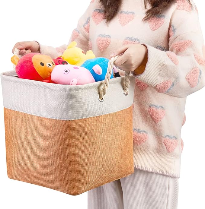 i BKGOO 3Pack Large Foldable Storage Bins,Collapsible Sturdy Cationic Fabric Organizing Storage Basket Cube with Cotton Handles for Home Office Shelf Clothes Toys Beige-Orange 13×13×13 inch