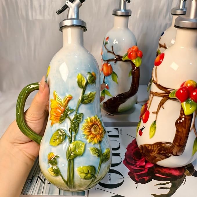 18 Oz Hand Painted Relief Ceramic Olive Oil Bottle Dispenser for Kitchen, Oil and Vinegar Bottle, Seasoning Bottle with Stainless Steel Nozzle, 540mL Oil Container with Handle for Cooking, Light Proof