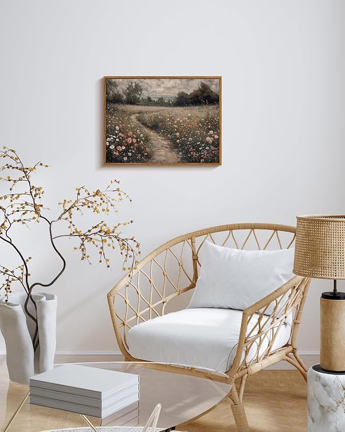VIYYIEA Framed Canvas Wall Art Home Decor Vintage Landscape Nature Country Wildflower Paintings Farmhouse Pictures Floral Artwork Rustic Flower Prints Cottagecore Living Room Bedroom Bathroom 12x16in