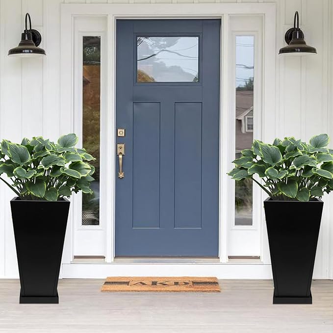 Tall Metal Planter 26" H - 2 Pack, Tall Planters with Removable Insert Shelve & Saucer Trays, Metal Outdoor Planters for Porch, Garden, Patio, Yard(Black)