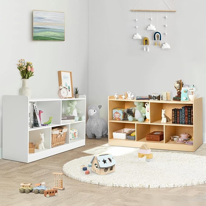 Montessori Shelf, Wooden Toy Storage Organizer for Books Toys, 2 Shelf Bookcase, 5-Section Storage Cabinet, Toddler Book Shelf for Kids Rooms, Playroom, Nursery, Kindergarten