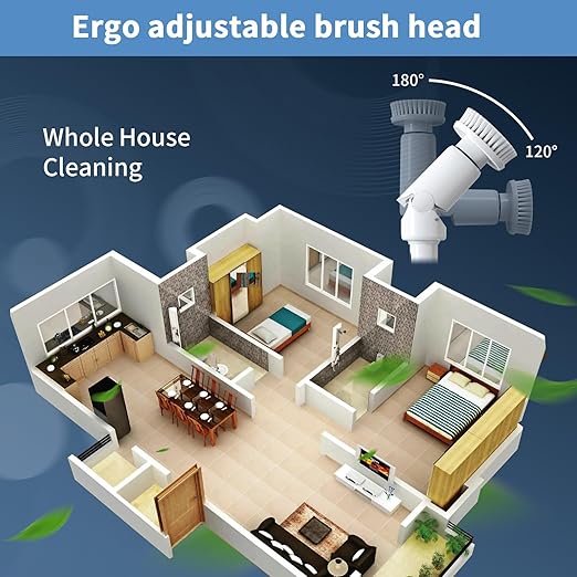 Electric Spin Scrubber - Cordless Cleaning Brush with Digital Display, 2 Speeds, 8 Brush Heads, IPX7 Waterproof, Adjustable Long Handle for Bathroom, Tub, Tile, Shower, and Car(Grey)