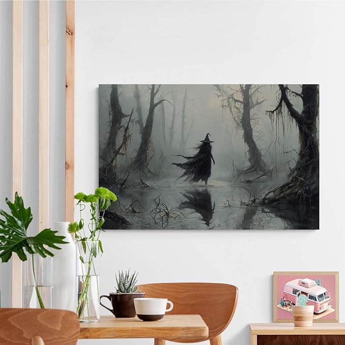 Vintage rustic swamp witch poster dark moody wall art gothic horror season halloween print for home decor retro dark moody painting28x40in Wood Framed