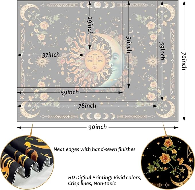 ARTCREATOR Sun and Moon Tapestry Astrology Space Wall Hanging Boho Hippie Floral Plant Tapestries Aesthetic Vintage Mandala Flower Decor for Living Room Bedroom (59" x 78")