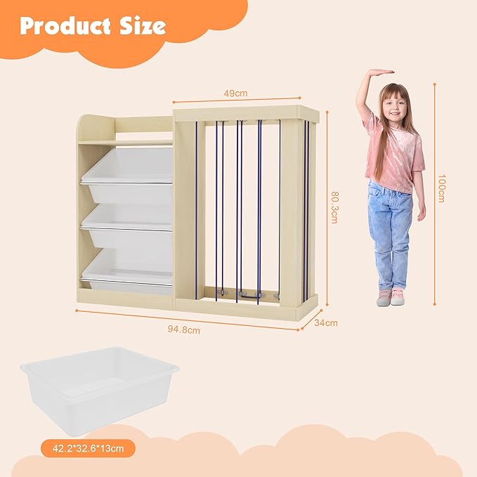 Kids Toy Storage Organizer with 3 Removable Plastic Bins Toddler Montessori Bookshelf with Stuffed Animal Net Holder Baby Bookcase Plush Organizer for Playroom, Bedroom,,Kids Room,Classroom,Nursery