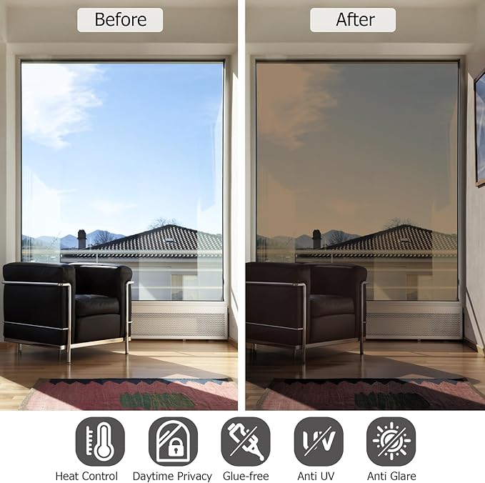 HIDBEA One Way Mirror Window Film, Daytime Privacy Sun Blocking Reflective Window Film Static Cling Heat Control Window Tinting Film for Home and Office, Brown Silver, 17.5 x 78.7 Inch