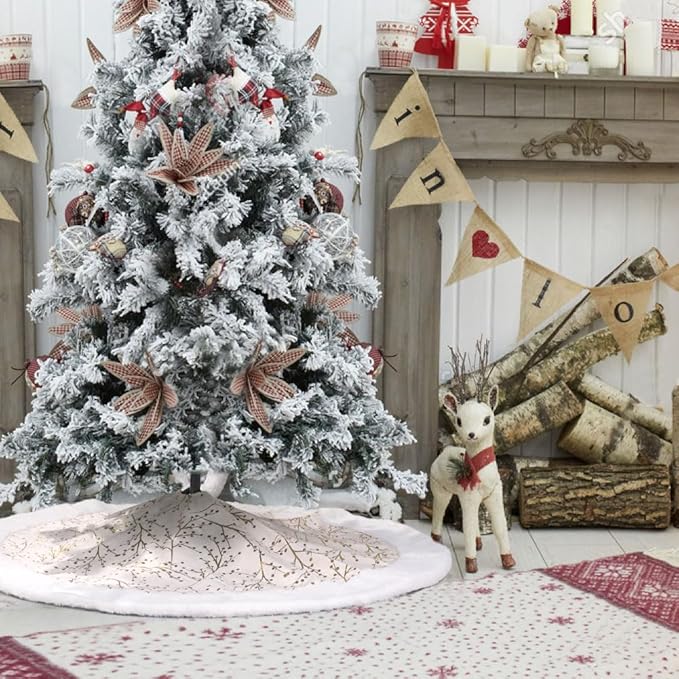Christmas Tree Skirt, Gold White 36 Inch Faux Fur Plush Christmas Decorations Tree Base Mat Thick Velvet Rugs for Holiday Home Decor Party Xmas