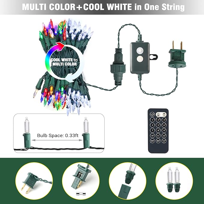 Brizled Christmas Lights, 33ft 100 LED Color Changing Christmas Tree Lights Connectable with Remote, 12 Modes Cool White & Colored Xmas Lighting, Clear Mini Xmas Lighting for Indoor Outdoor Home Decor