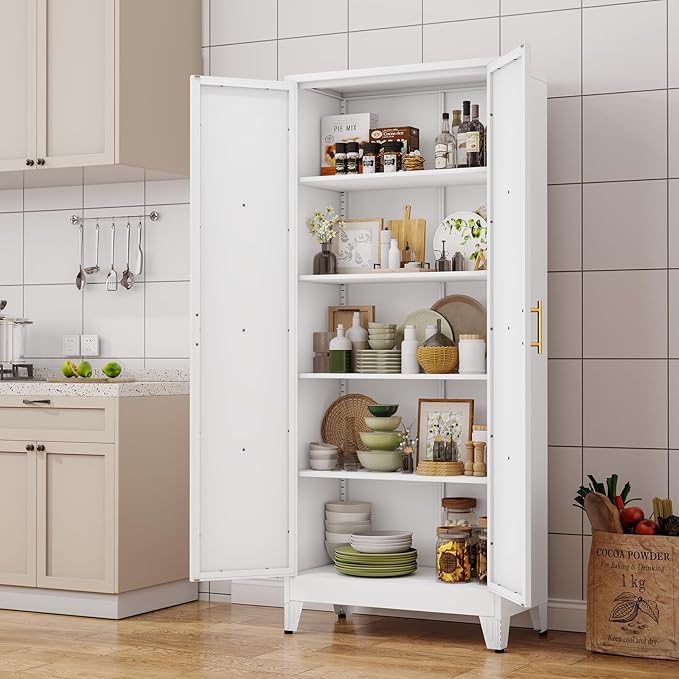 71" H Metal Kitchen Pantry Storage Cabinet, Freestanding Cupboard with 2 Doors and 4 Adjustable Shelves, Standing Storage for Kitchen, Bathroom, Garage, Dinning Room or Utility Room(White)