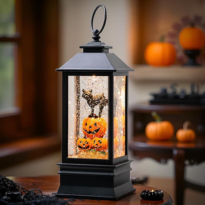 Halloween Snow Globe Lantern Water Glittering Spooky Witch' s Black Cat in Pumpkins with Music, USB Lined/Battery Operated Lighted Lantern for Halloween Festival Decoration Gifts