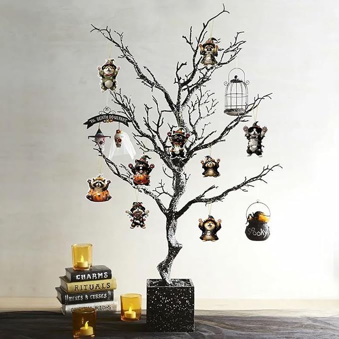 Halloween Tree Decoration,9 Pcs Funny Raccoon Acrylic Pendant, Terror Cartoon Animal Halloween Accessories, Funny Cartoon Christmas Tree Hanging Ornaments for Indoor Outdoo