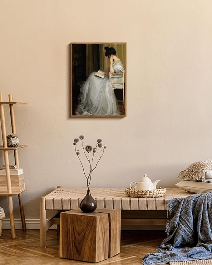 VIYYIEA Framed Canvas Wall Art Home Decor Portrait Art for Living Room Women Reading Pictures Bedroom Bathroom Wall Decor Mid Century Lady Oil Painting Room Decor Vintage Prints Aesthetic 12x16in