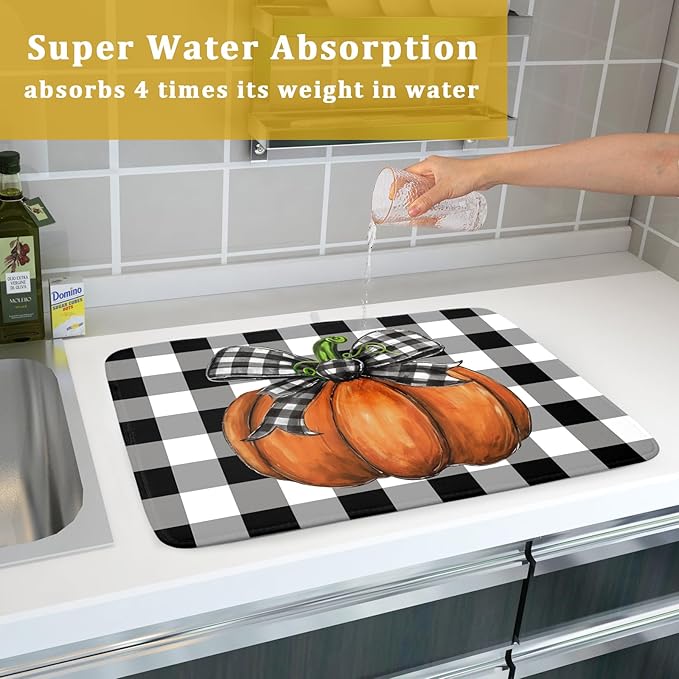 Fall Pumpkin Dish Drying Mat for Kitchen Counter Black White Buffalo Check Thanksgiving Super Absorbent Reversible Microfiber Kitchen Countertop Protector Dishes Pad Large 18x24 inch