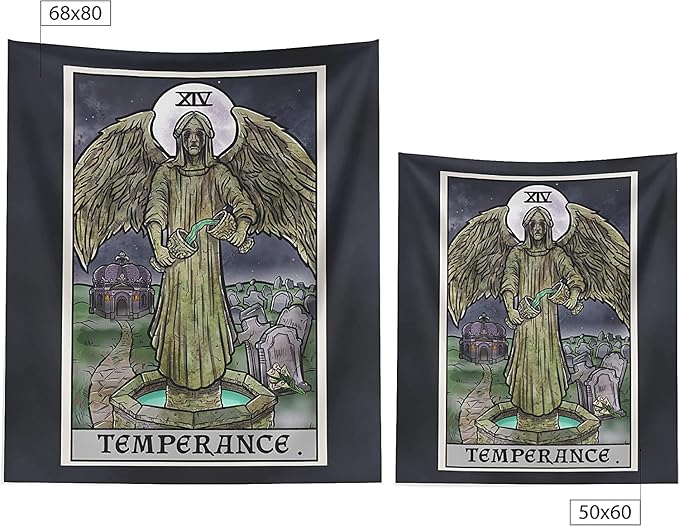 The Ghoulish Garb Temperance Tarot Card Tapestry - Crying Angel Statue - Gothic Halloween Home Decor Wall Hanging (60" x 50")