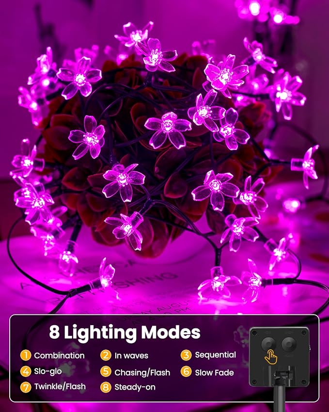 Brightown 60 LED Solar String Lights Flower Outdoor Waterproof Fairy Lights for Garden Yard Fence Patio Christmas Tree Wedding Party Decor, Pink