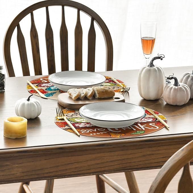 Artoid Mode Turkey Give Thanks Thanksgiving Placemats Set of 4, 15 Inch Seasonal Autumn Round Table Mats for Dining Decoration