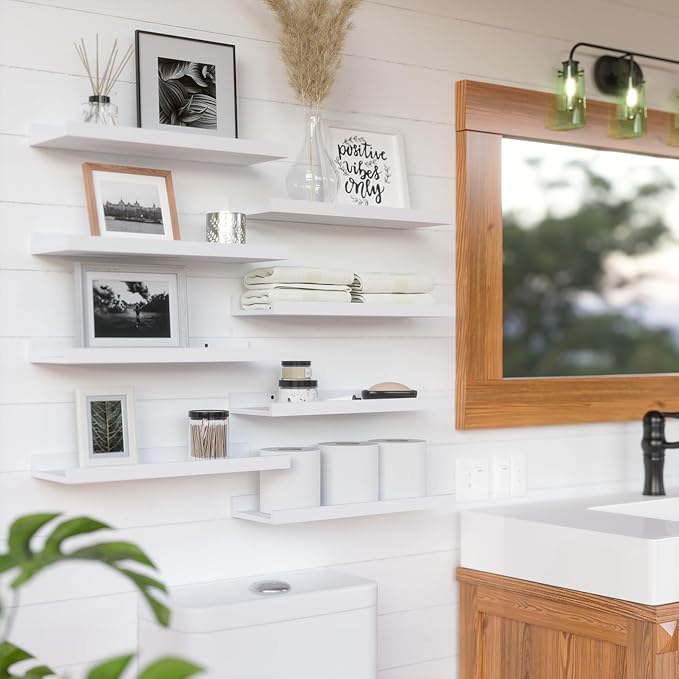 RICHER HOUSE 8 Set Floating Wall Mounted Shelves, Nursery Hanging Book Shelves with Lip for Storage, White Display Picture Ledge Shelf for Bedroom Bathroom Kitchen Living Room Wall Decor, Modern White