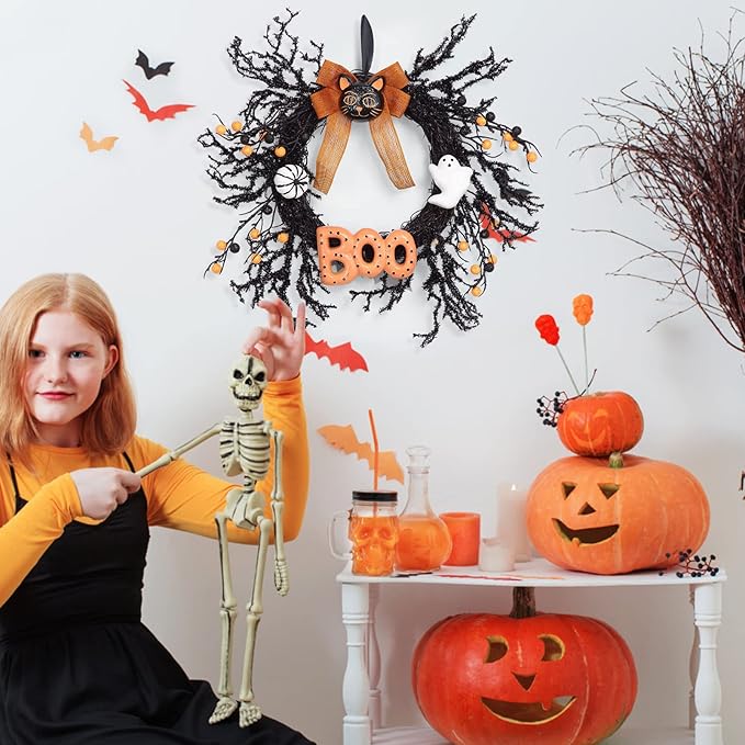 Adeeing Halloween Wreaths for Front Door, 18Inch Halloween Wreath with Black Cat Boo Sign White Pumpkin and Ghost for Indoor Outdoor Window Proch Halloween Decoration