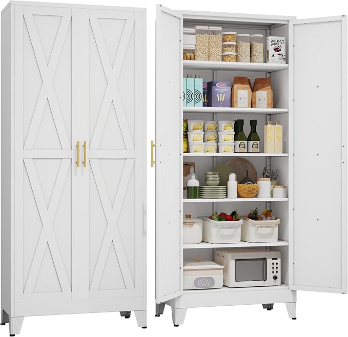 75" Tall Metal Kitchen Pantry Storage Cabinet, Freestanding Cupboard with 2 Doors and 5 Adjustable Shelves, Standing Storage for Kitchen, Bathroom, Garage, Dinning Room or Utility Room(White)